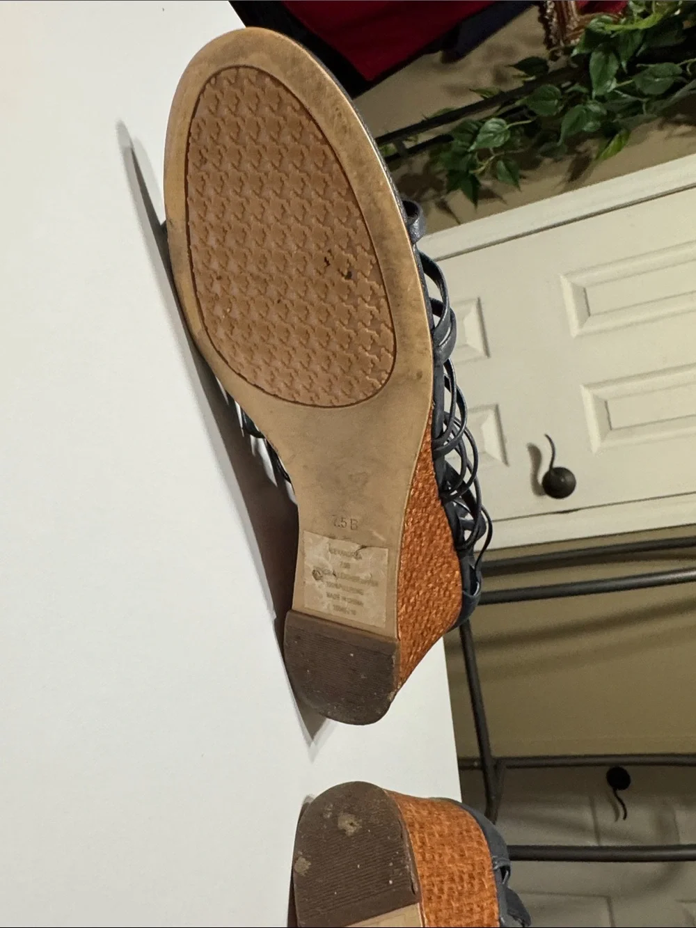 Lauren Ralph Lauren Navy Leather Lace-Up Wedge Sandals with Brown Woven Heel